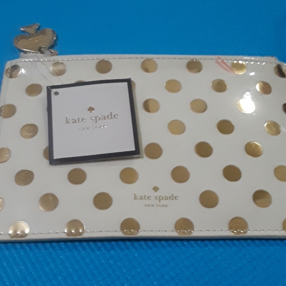 Kate Spade Gold dotted and white pencil pouch